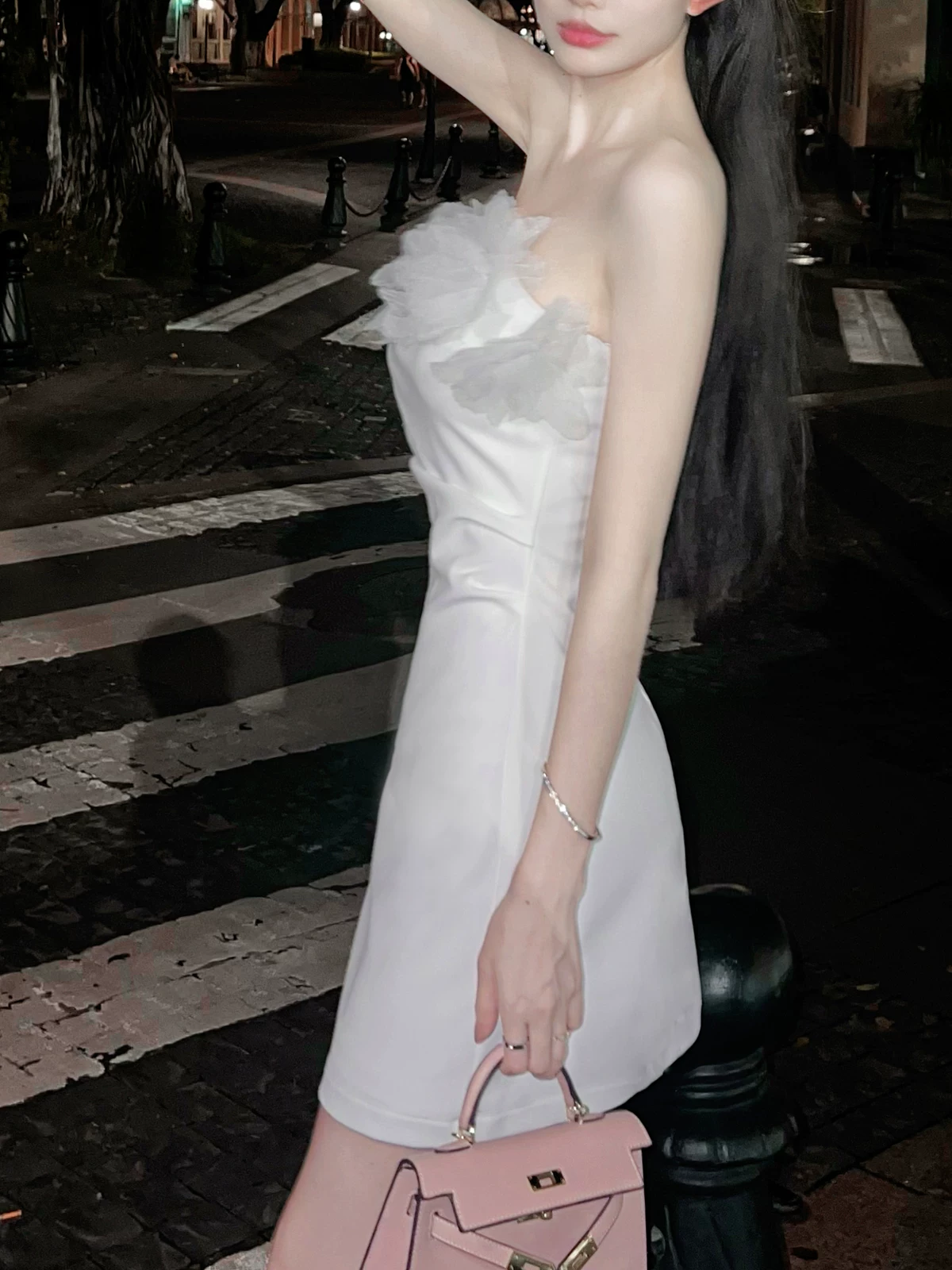 Elegant White Strapless Satin 3D Floral Ruched Bodycon Homecoming Dress DP8810
