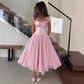 Glamorous Pink Chiffon Midi Dress Square Neck Cap Sleeve A-Line Formal Evening Gown DP8242