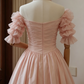 Cute Pink Off-the-Shoulder Ruffled Puff Sleeve Tea-Length Homecoming Dress DP8378