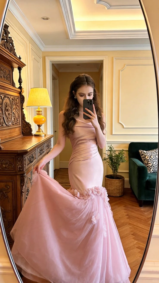 Elegant Blush Pink Satin Mermaid 3D Floral Tulle Evening Gown Prom Dress DP8170