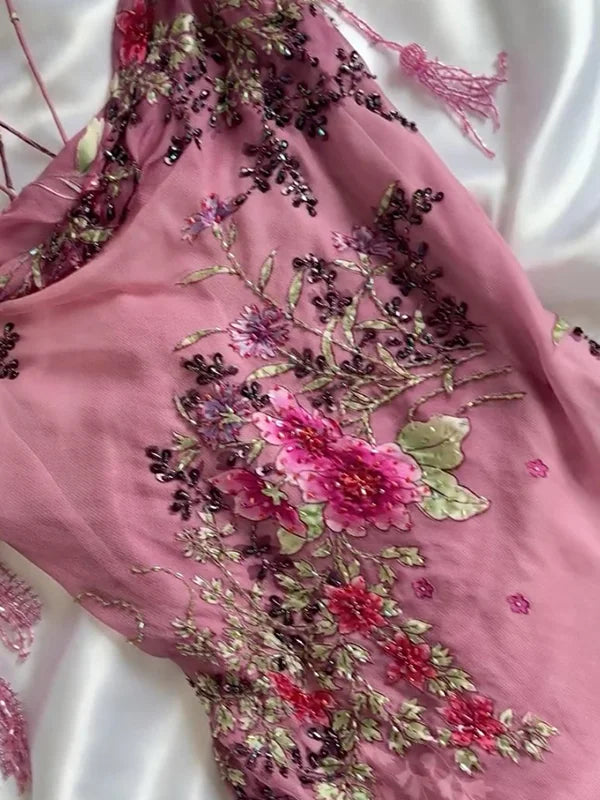 Vintage Pink Floral Embroidery Prom Dress Red Mermaid Evening Dress Satin Formal Dress DP6650