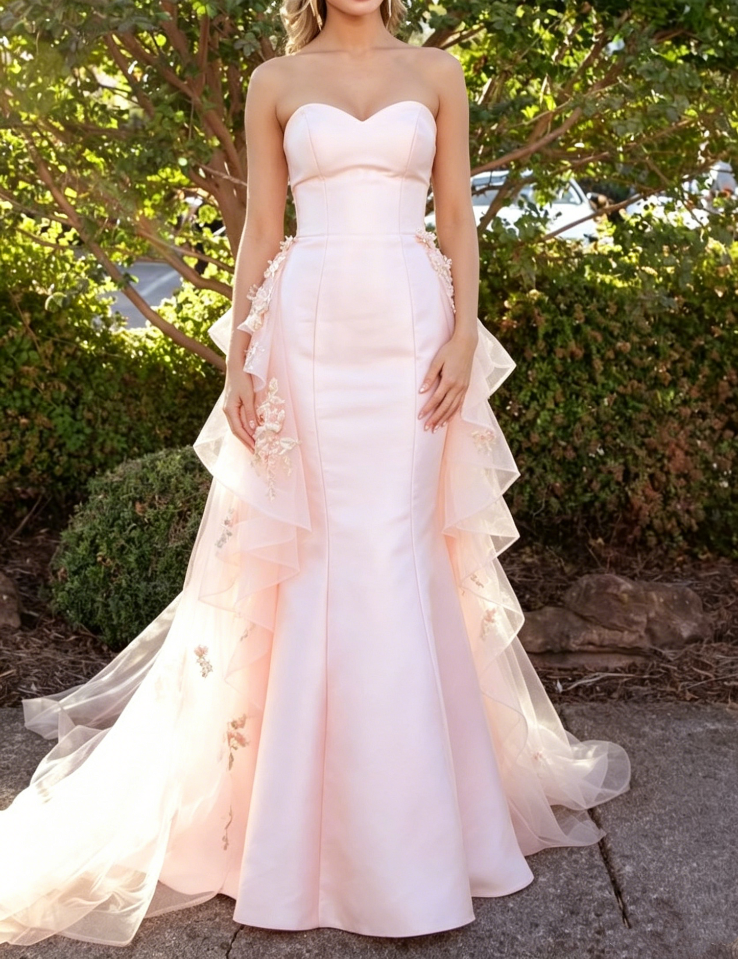 Vintage Pink Strapless Satin Mermaid 3D Floral Organza Prom Dress DP8446