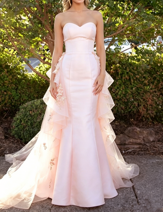 Vintage Pink Trägerloses Satin Meerjungfrauen-Kleid mit 3D Blumen aus Organza für den Abschlussball DP8446