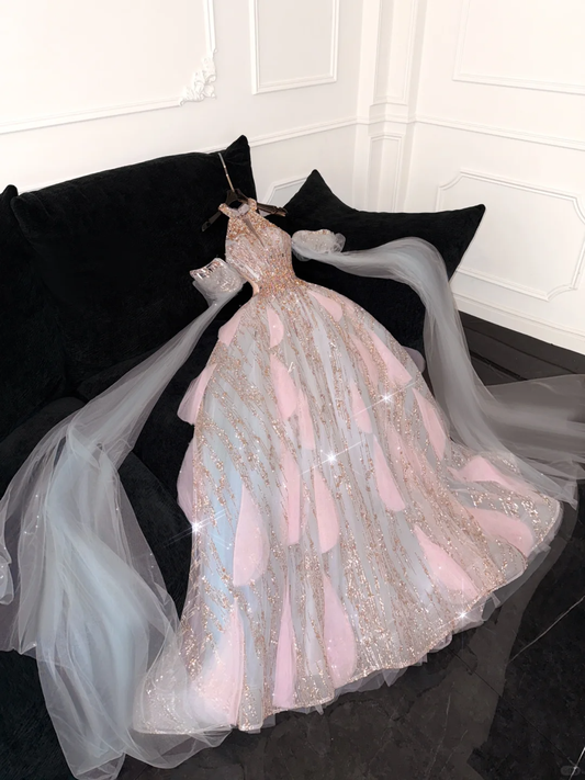 Gorgeous Shiny Pink Beaded Sequined Design A-Line Prom Dress Evening Dress Ball Gown DP6225