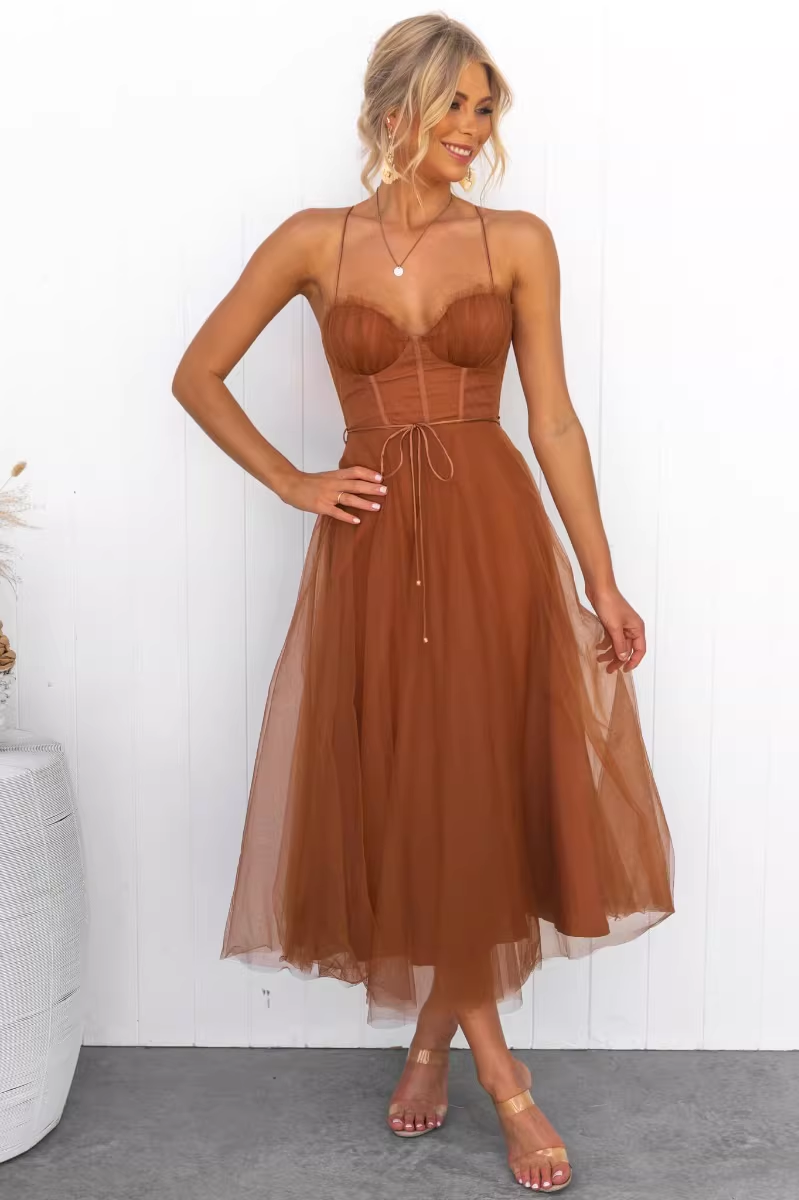 Vintage Tulle Sweetheart Spaghetti Straps Midi Evening Gown DP8143