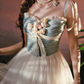 Vintage Dusty Blue & Ivory Bridesmaid Dress Spaghetti Strap Tulle Tea-Length Evening Gown DP7999
