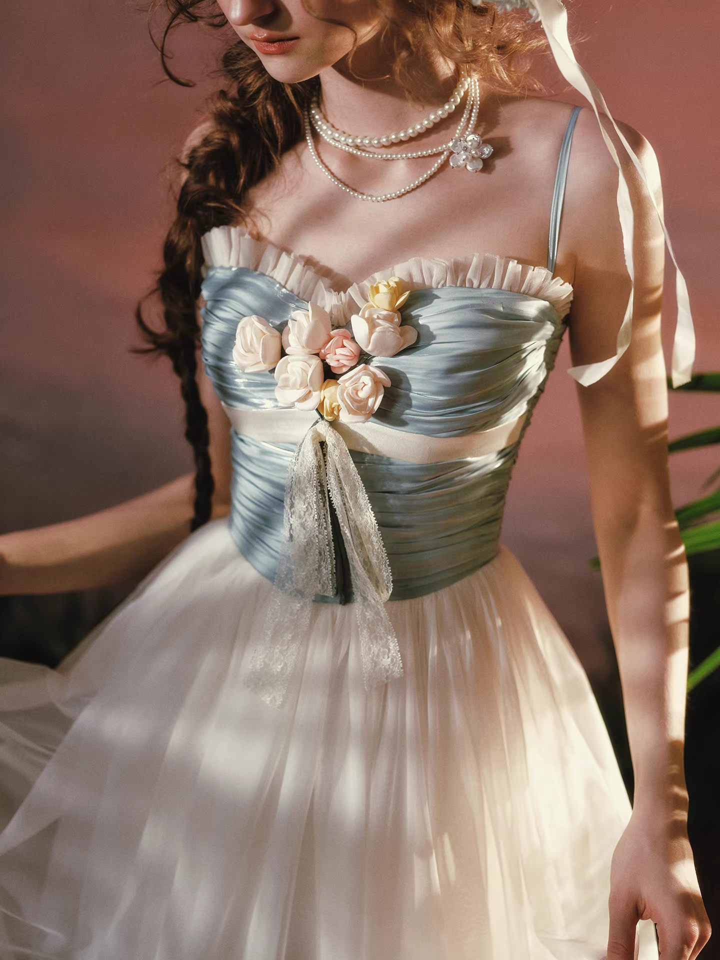 Vintage Dusty Blue & Ivory Bridesmaid Dress Spaghetti Strap Tulle Tea-Length Evening Gown DP7999