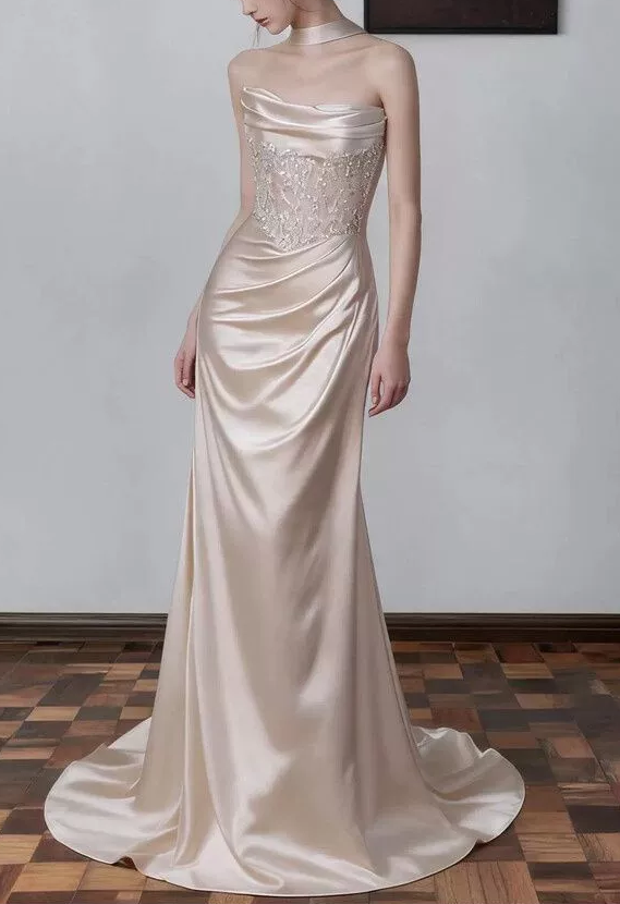 Elegant Champagne Strapless Satin Mermaid Beaded Prom Dress DP8828