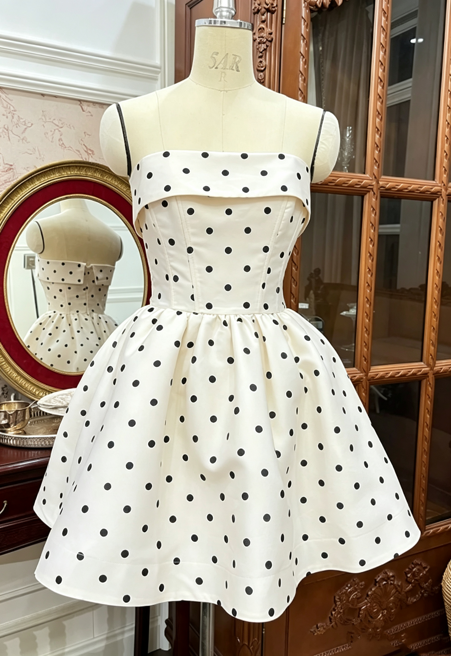 Elegant White Black Polka Dot Strapless A‑Line Satin Bow Sash A-Line Homecoming Dress DP8847