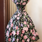 Cute Rose Floral Print Off-the-Shoulder Bow Tea-Length Homecoming Dress DP8383