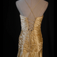 Glamorous Gold Satin Spaghetti Strap Ruched Bodice V-Neck Formal Evening Gown DP7370