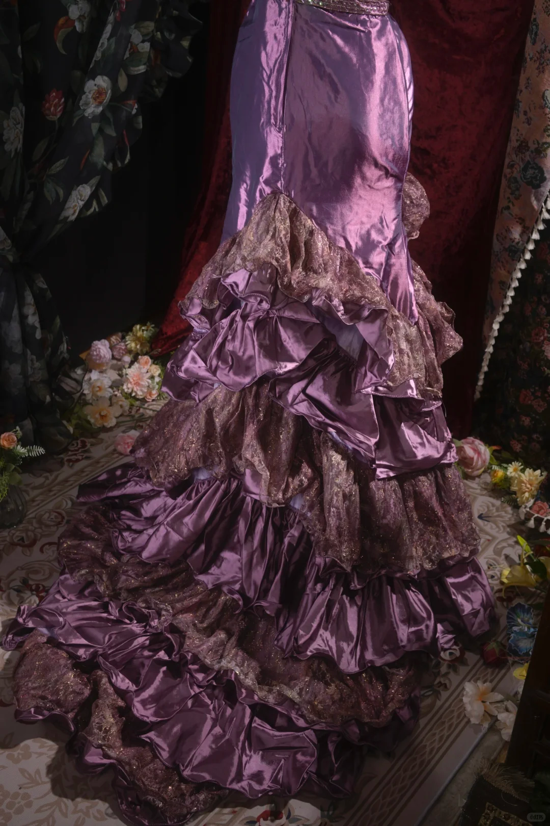 Vintage Purple Beaded Mermaid Evening Gown Tiered Ruffle Lace Prom Dress DP8342