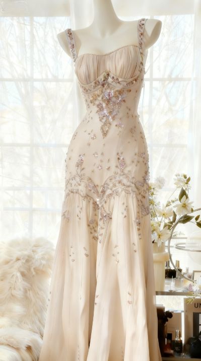 Elegantes Meerjungfrauen-Abendkleid DP8157 mit champagnerfarbenen Perlen und Spaghettiträgern