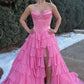 Dreamy Strapless Swetheart Ruffled Tiered High Slit Ball Gown DP8159