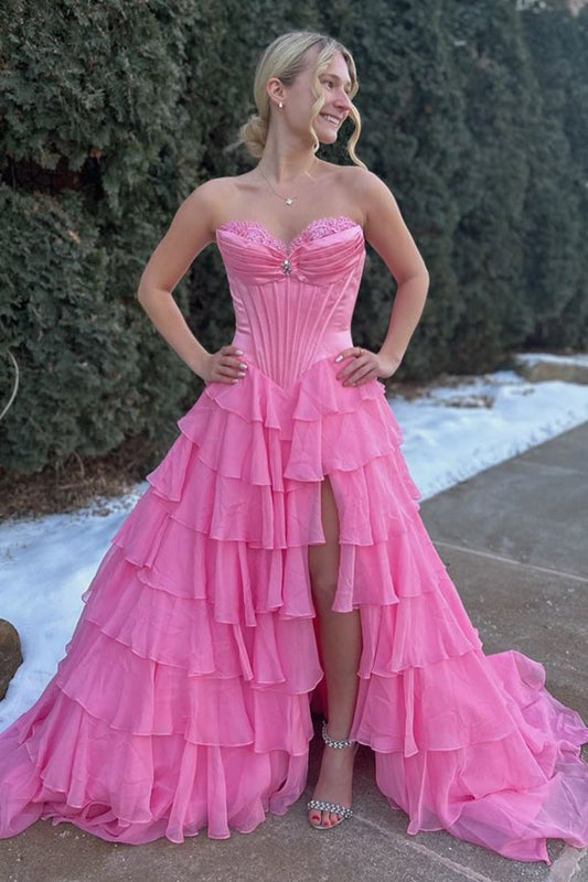 Dreamy Strapless Swetheart Ruffled Tiered High Slit Ball Gown DP8159