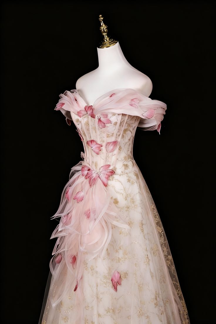 Vintage Off-the-Shoulder Evening Gown 3D Floral & Gold Embroidery Tulle Prom Dress DP7573