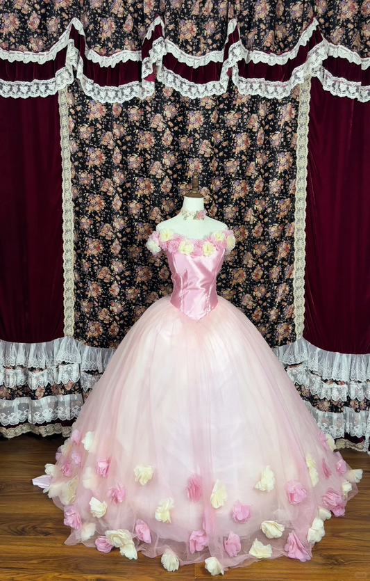 Elegant 3D Flowers Off-the-shoulder Sweet 16 Quinceanera Strapless A-Line Floor-length Prom Dress Evening Dress Ball Gown DP6419