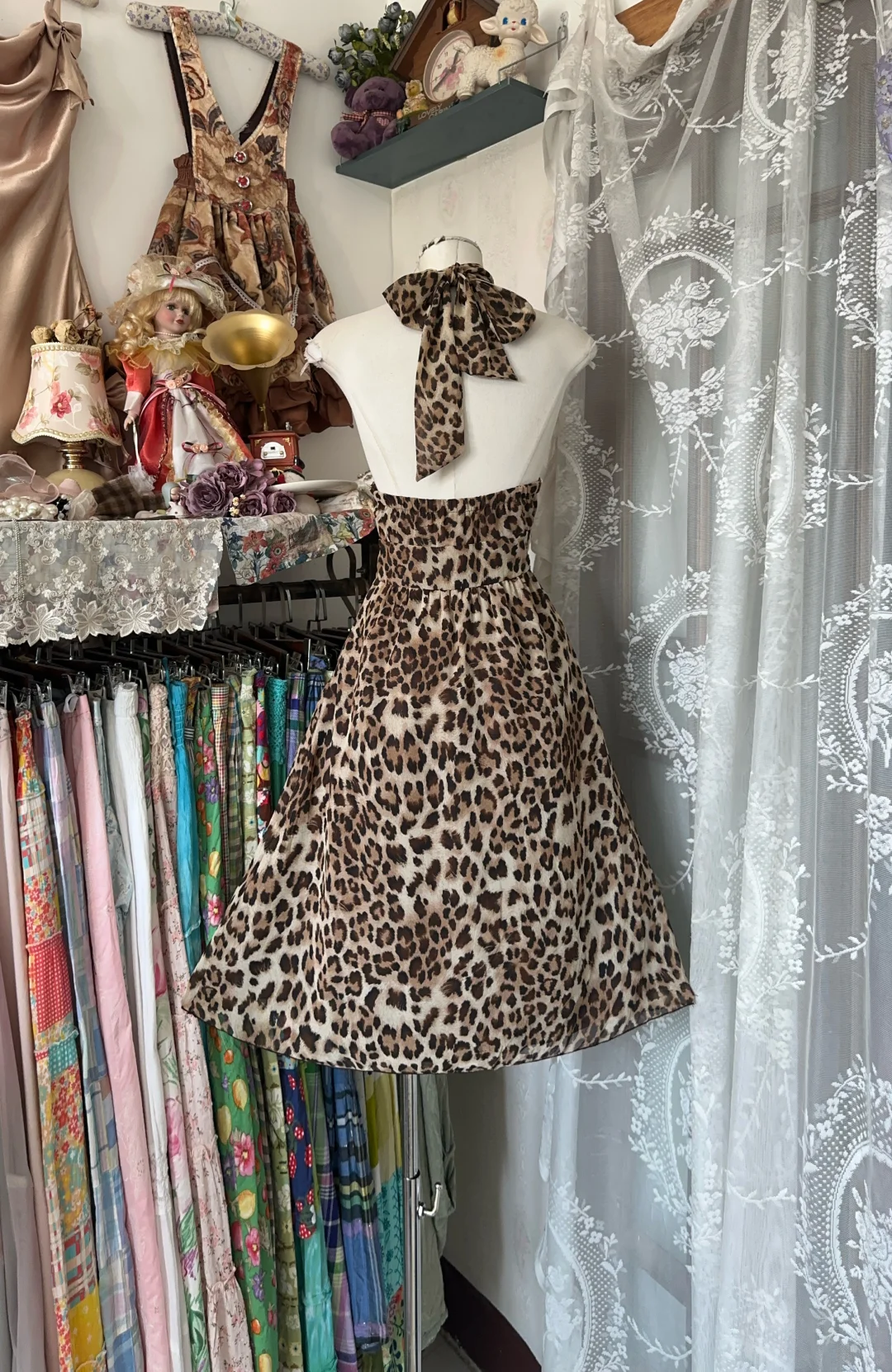 Vintage Leopard Print Halter Dress Design A-Line Homecoming Dress Party Dress DP6209