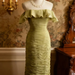 Glamorous Olive Green Off-the-Shoulder Ruched Gown with Ruffled Neckline Prom Dress DP7662