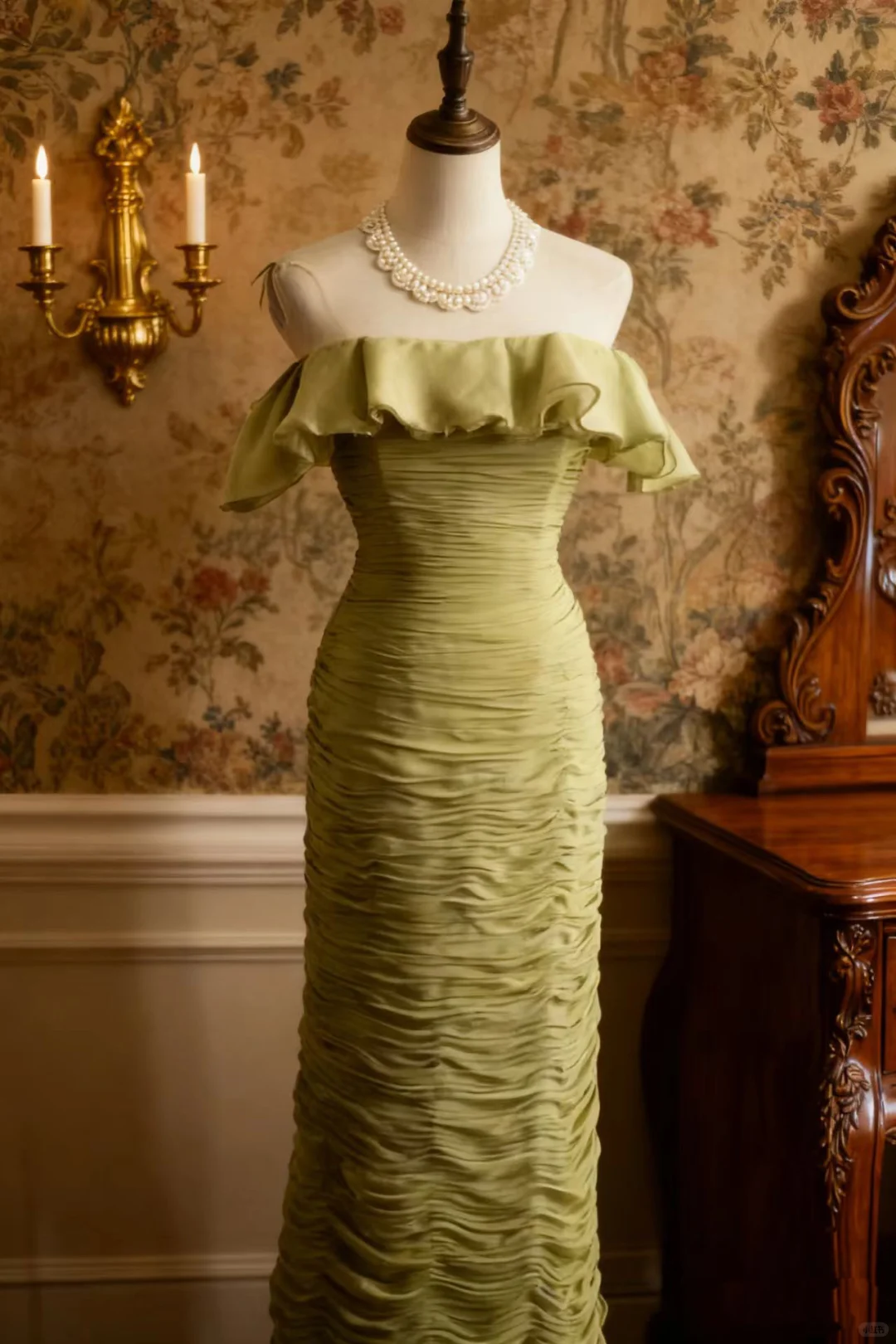 Glamorous Olive Green Off-the-Shoulder Ruched Gown with Ruffled Neckline Prom Dress DP7662