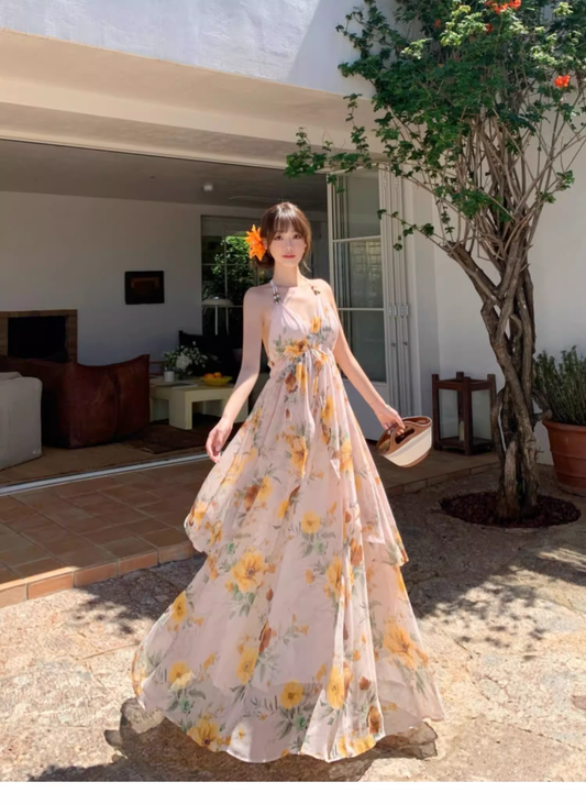 Neue Mode Floral V-ausschnitt Design Elegante Strand Urlaub A-linie Ärmelloses Neckholder Kleid DP6257