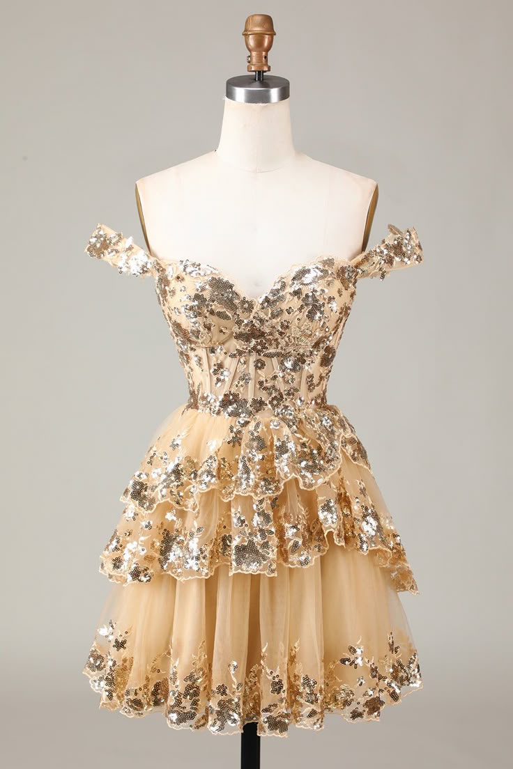 Vintage Golden Off-the-shoulder Design Short Evening Dress, A-line Sequins Corset Tiered Lace Homecoming Dress, DP5823