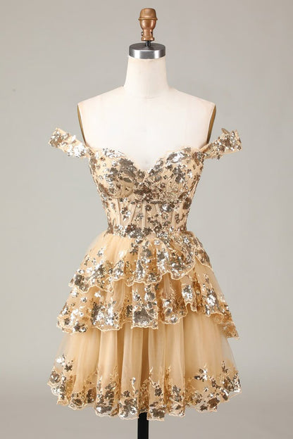 Vintage Golden Off-the-shoulder Design Short Evening Dress, A-line Sequins Corset Tiered Lace Homecoming Dress, DP5823