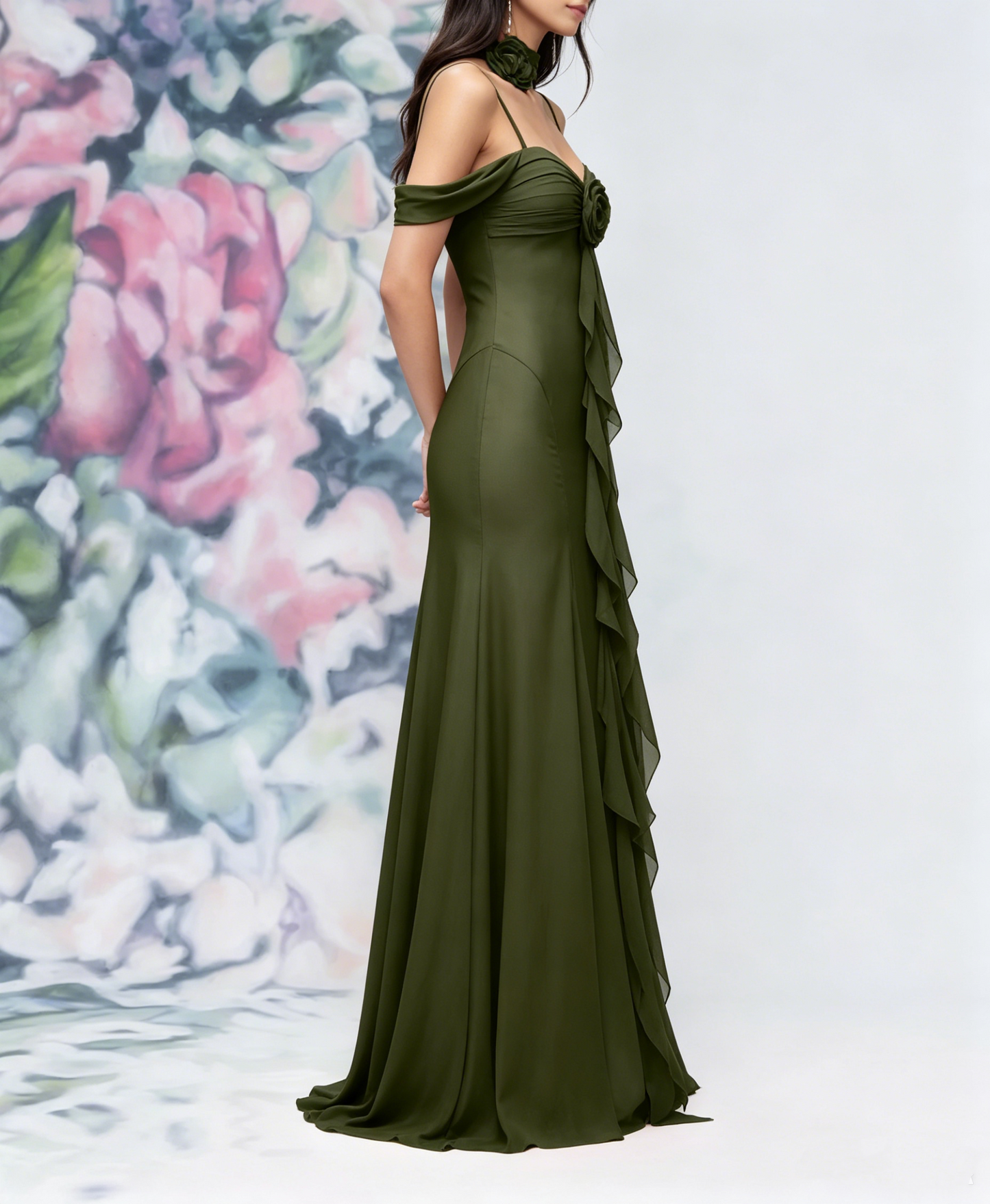 Elegant Off-the-Shoulder Spaghetti Strap 3D Floral Chiffon Neck Scarf Prom Dress DP8461
