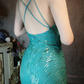 Vintage Blue-green Spaghetti Strap Sparkling Beaded Tassel Design Sheath Short Homecoming Dress DP6055