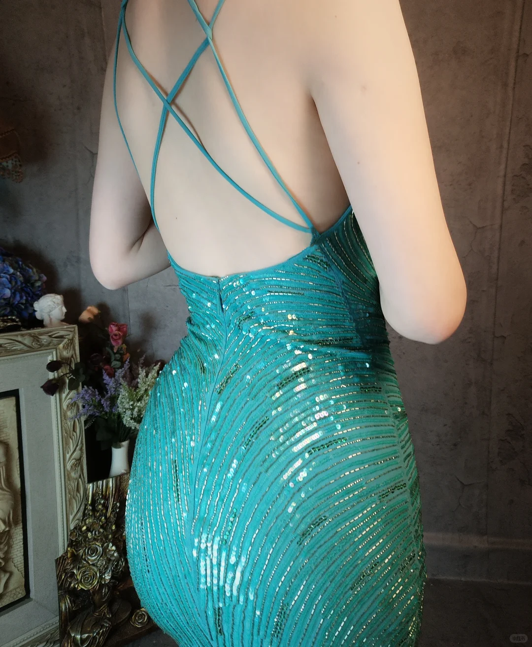 Vintage Blue-green Spaghetti Strap Sparkling Beaded Tassel Design Sheath Short Homecoming Dress DP6055