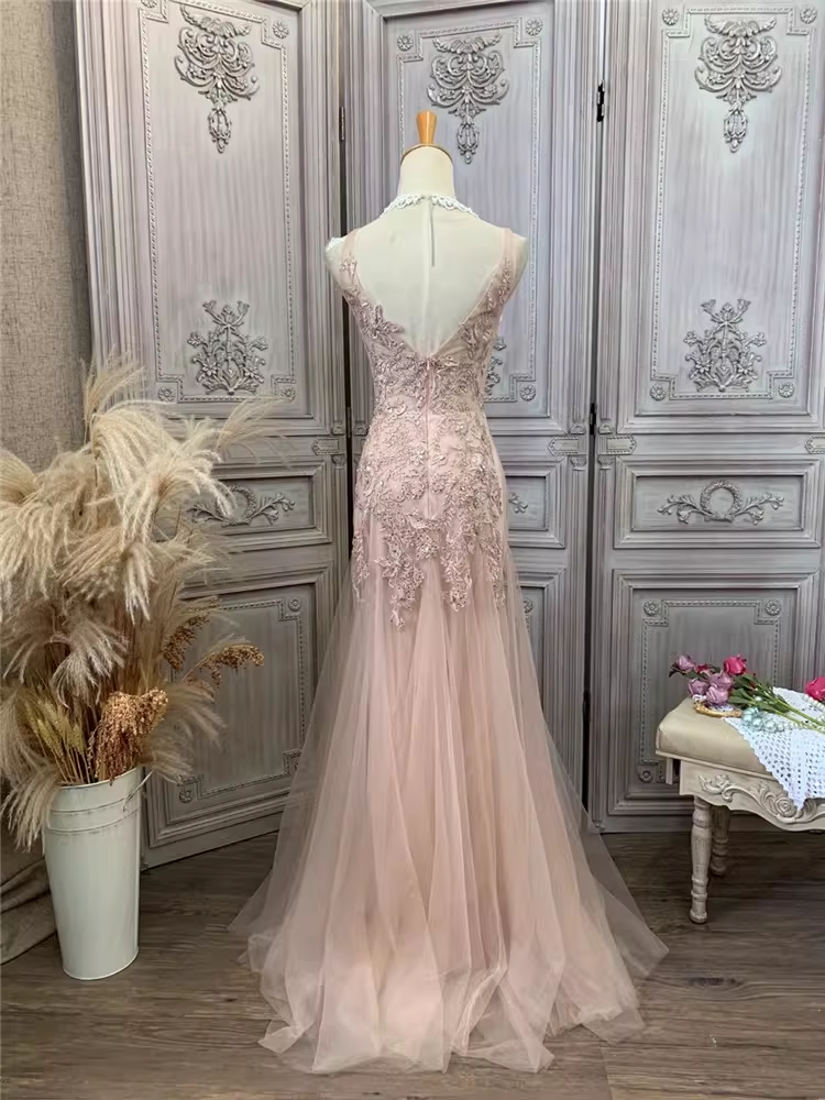 Vintage-Abendkleid im Meerjungfrauenstil in Rosa, mit Spitze verziert, V-Ausschnitt, Tüll, formelles Ballkleid DP7600