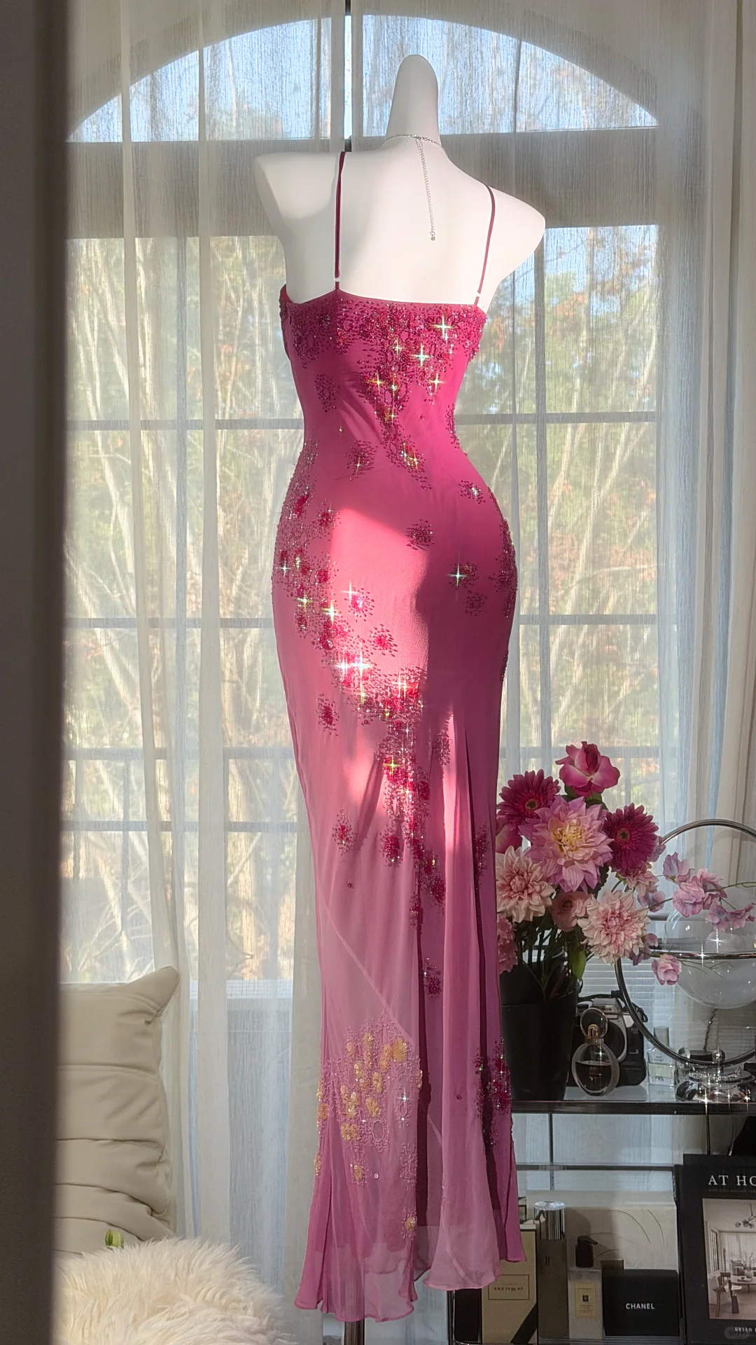 Glamorous Fuchsia Sequined Beaded Sweetheart Mermaid Prom Dress Spaghetti Strap Evening Dress DP8125