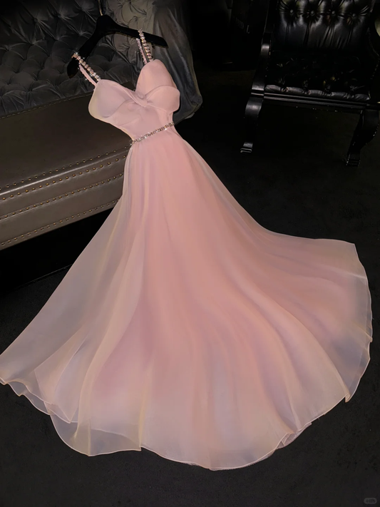 Glamouröses, pinkfarbenes A-Linien-Abendkleid mit Perlenbesatz, herzförmigem Ausschnitt und Spaghettiträgern DP7328