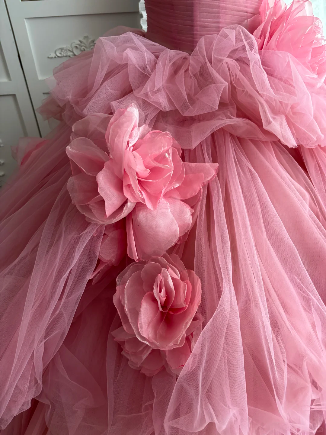Elegant  Pink Tulle Sweetheart 3D Floral Ruffled Quinceanera Sweet 15 Quinceanera Ball Gown DP8245