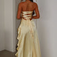 Elegant Yellow Satin Strapless Ruched Sheath High Slit Asymmetrical Cocktail Party Prom Dress DP8650
