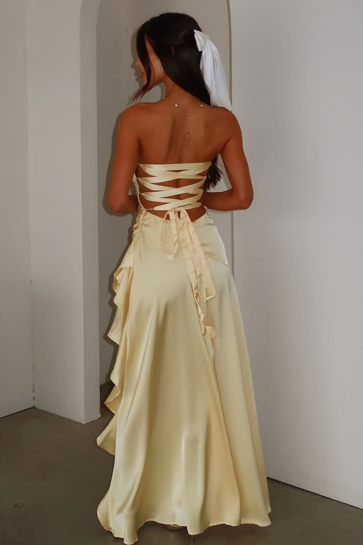 Elegant Yellow Satin Strapless Ruched Sheath High Slit Asymmetrical Cocktail Party Prom Dress DP8650