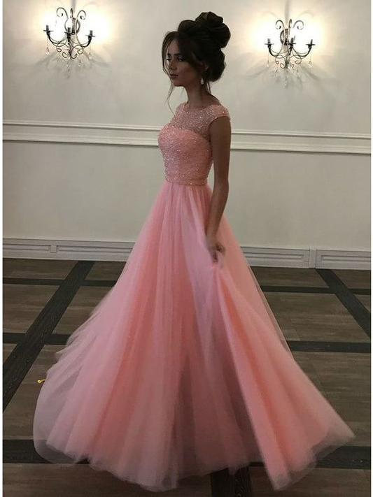 Elegant Pink A-line Jewel Long Prom Dresses Evening Dresses,DP0218