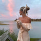 Ivory Off Shoulder Ruffle Long Party Dress with Slit,DP1824
