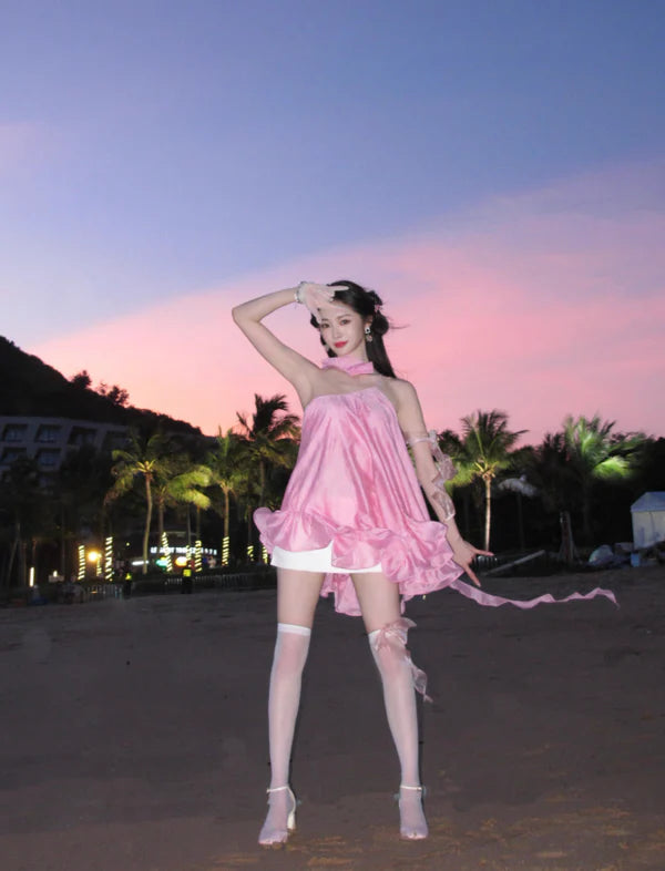 Cute Pink Ruffle Short A-Line Satin Party Dress Cocktail Dress Homecoming Dress DP6495