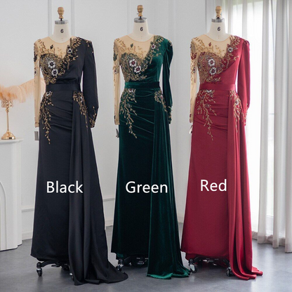 Dark Green Long Sleeves Jewel Mermaid Evening Dresses Prom Gowns With Ruffles,DP1116