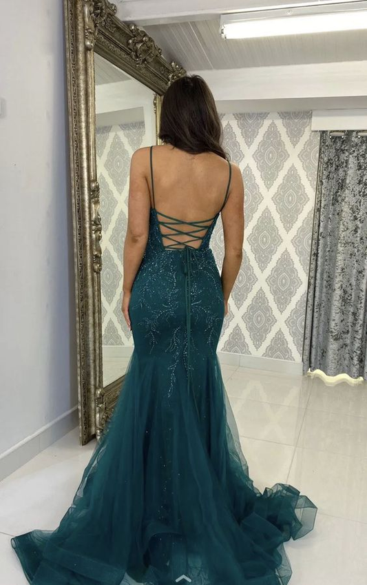 Mermaid Sleeveless Tulle Long Prom Dress Formal Evening Party Dress,DP662