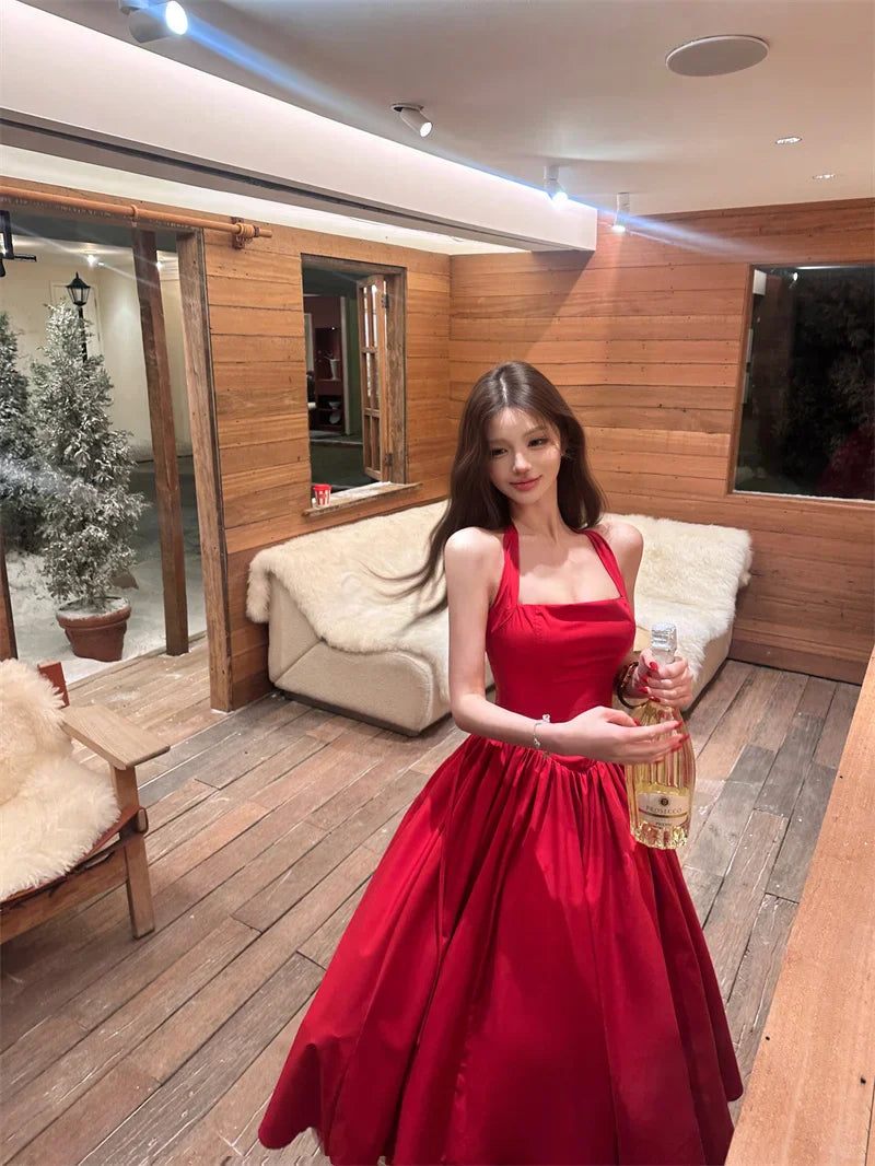 Elegan Red Halter-Neck A-Line Midi Prom Dress DP8654