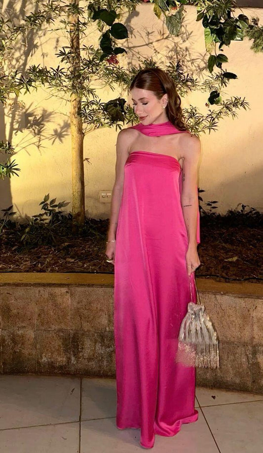 Hot Pink Strapless A-Line Floor Length Evening Party Dress, DP3342