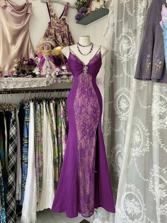 Charming Purple Straples Mermaid Lace Long Evening Party Dresses, DP5441