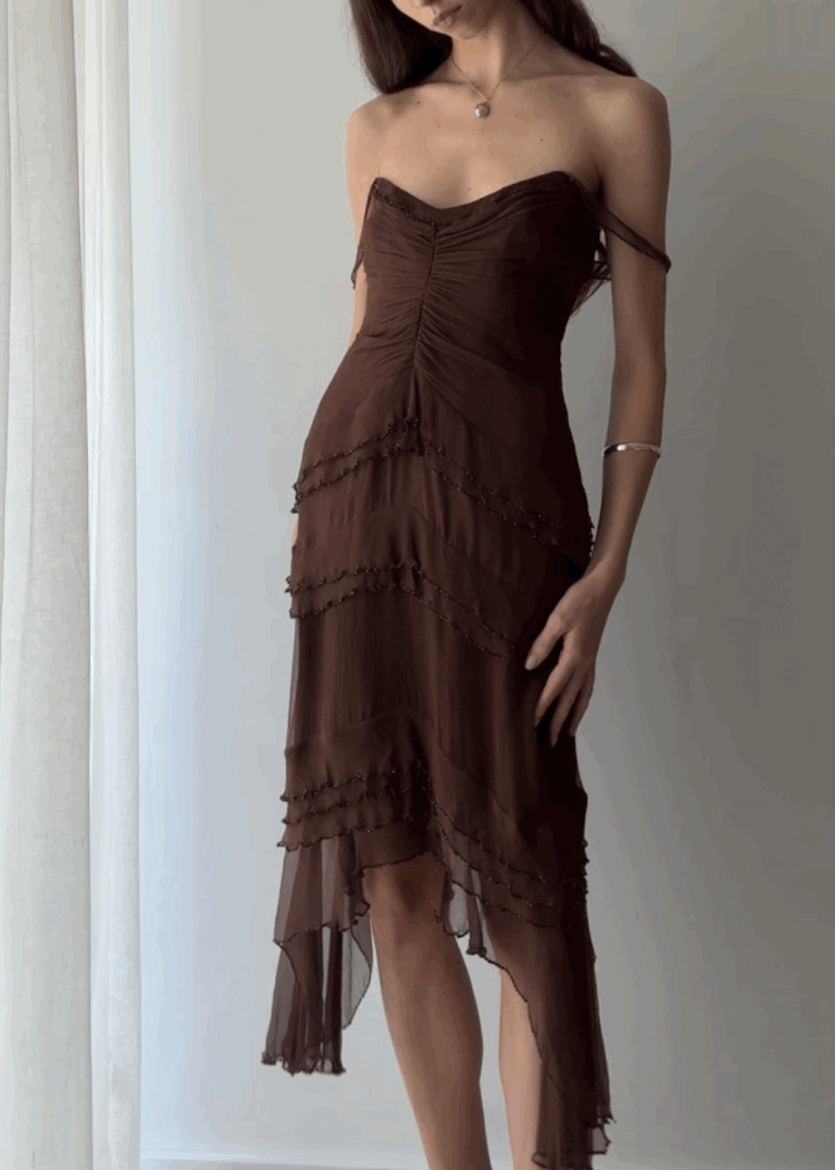 Brown Spaghetti Straps Layered Elegant Midi Party Dress, DP2717