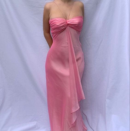 Sweet Pink Sweetheart Ruffle Vintage Chiffon Party Dress, DP2503