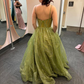 Shiny Green Straps A-Line Tulle Long Prom Dress, DP2644