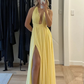 Yellow Deep V Neck A-Line Elegant Long Party Dress with Slit, DP2490