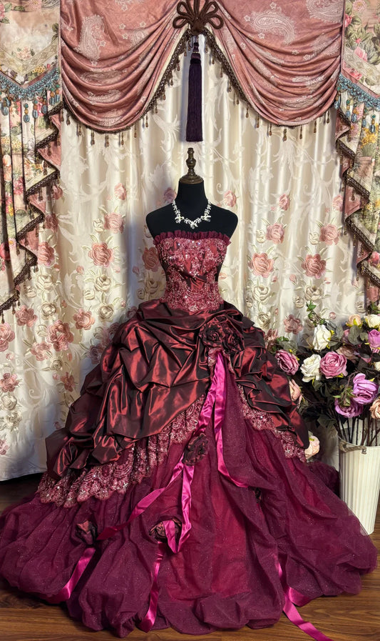 Vintage Burgundy Strapless Sequin Sweet 16 Quinceanera A-Line Evening Dress Ball Gown DP6283