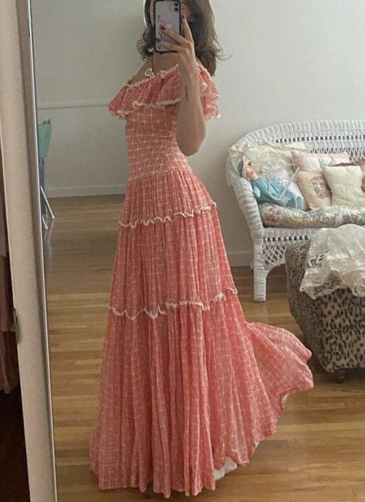 Lovely Pink Off Shoulder A-Line Long Prom Dress Fashion Vacation Dress, DP3378